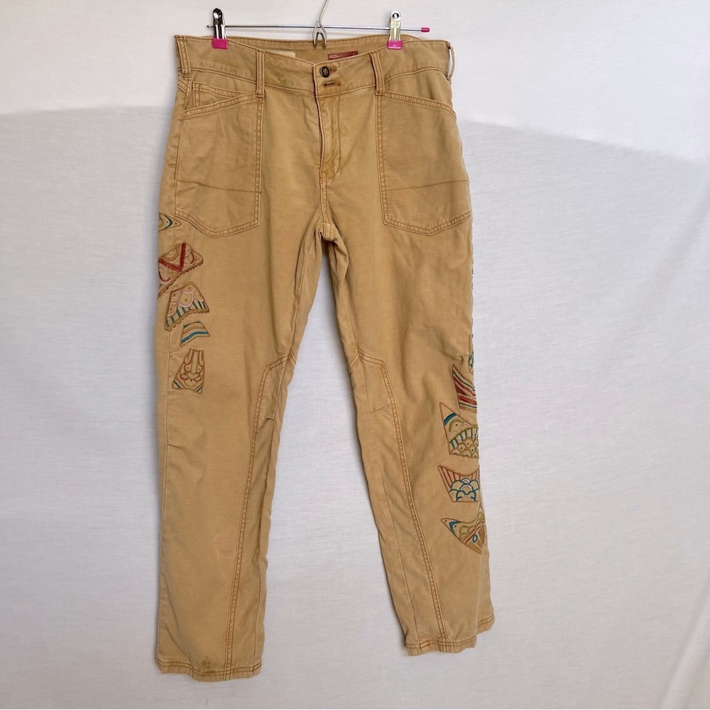 Pilcro Tan Utility Pants with Artistic Fish Embroidery